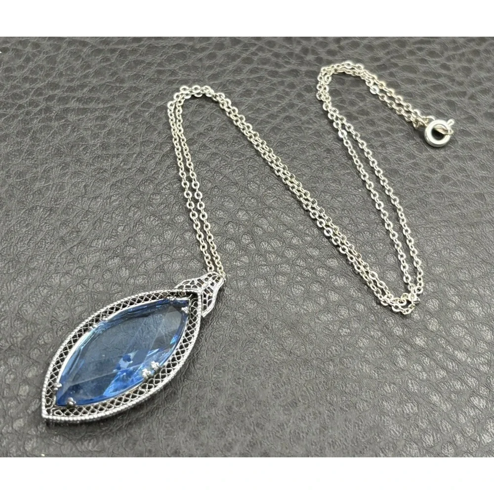 Vintage Czech Antique Blue Faceted Glass Marquise Drop Pendant Necklace 18